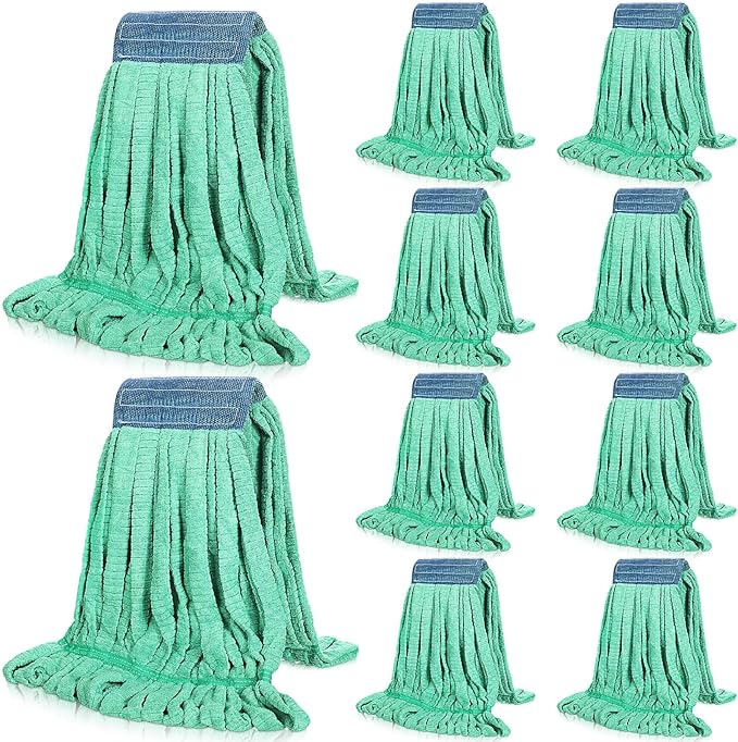 Lallisa 10 Pcs Commercial Mop Head Replacement Tube Microfiber Mop Heads for Floor Cleaning Industrial Mop Heads Looped End Wet Mop Head Refill for Home Commercial Industrial Use (Green,18 oz)
