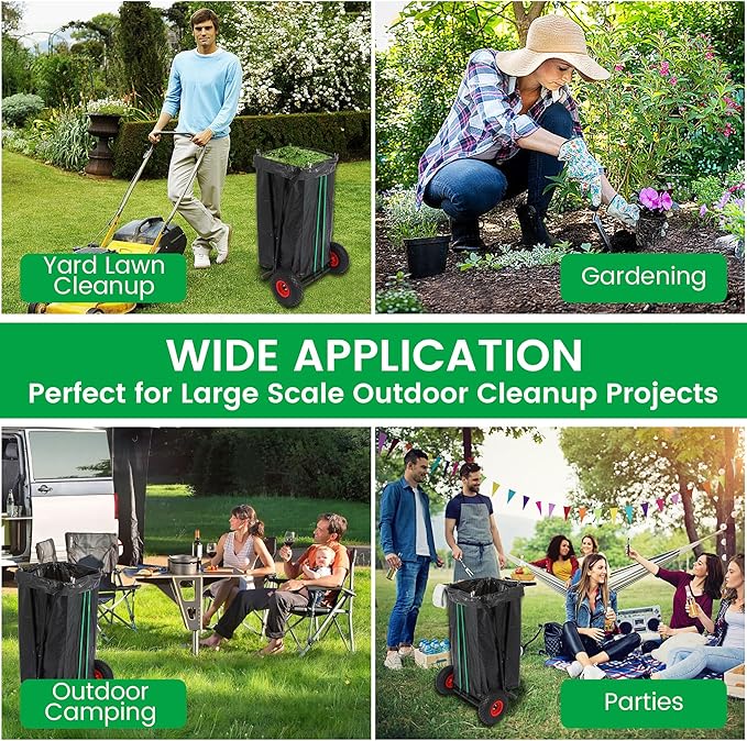 ARCITON Trash Bag Holder with Wheels, Heavy Duty Metal Garden Garbage Bag Support Frame can Hold 33-65 Gallon Leaf Bags, Leaf Bag Holder for Yard Lawn Cleanup Gardening Camping Party Weeding