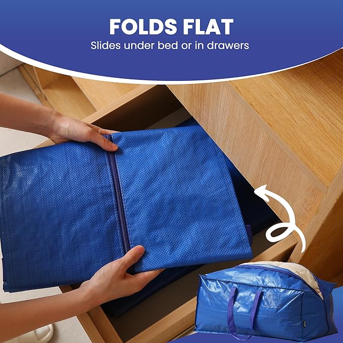 Extra Large Moving Bags - 6-Pack Heavy Duty Storage Duffel - Sturdy Backpack Straps Handles, Zippers - Reusable Moving Storage Bags for Clothes - Folding Collapsible Storage Tote Bag Set – Blue