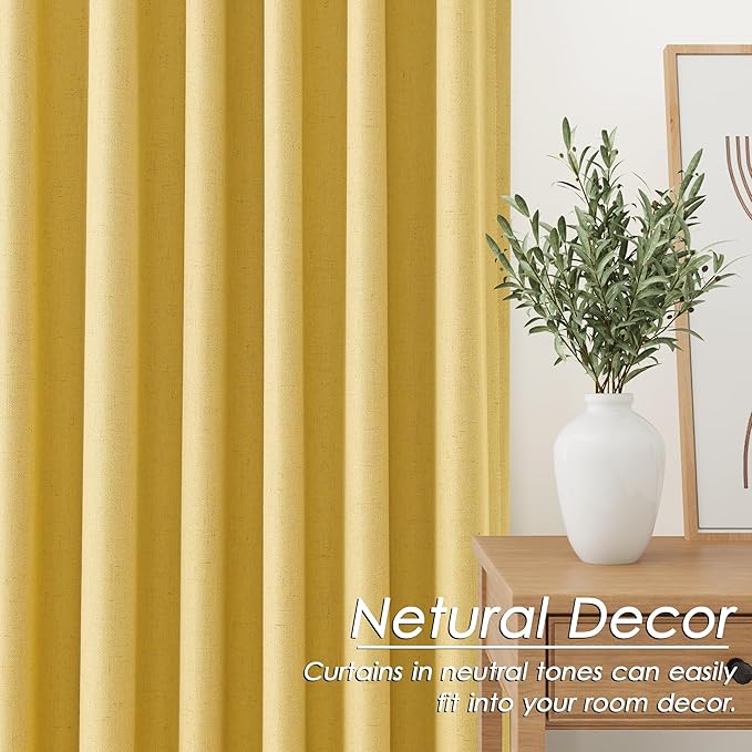 Nanspring Gold Yellow Linen Blackout Curtains 84 Inches Long Back Tab Rod Pocket Thermal Insulated Full Light Black Out 2 Panels Set for Living Room Elegant Modern Curtains Drapes 52x84