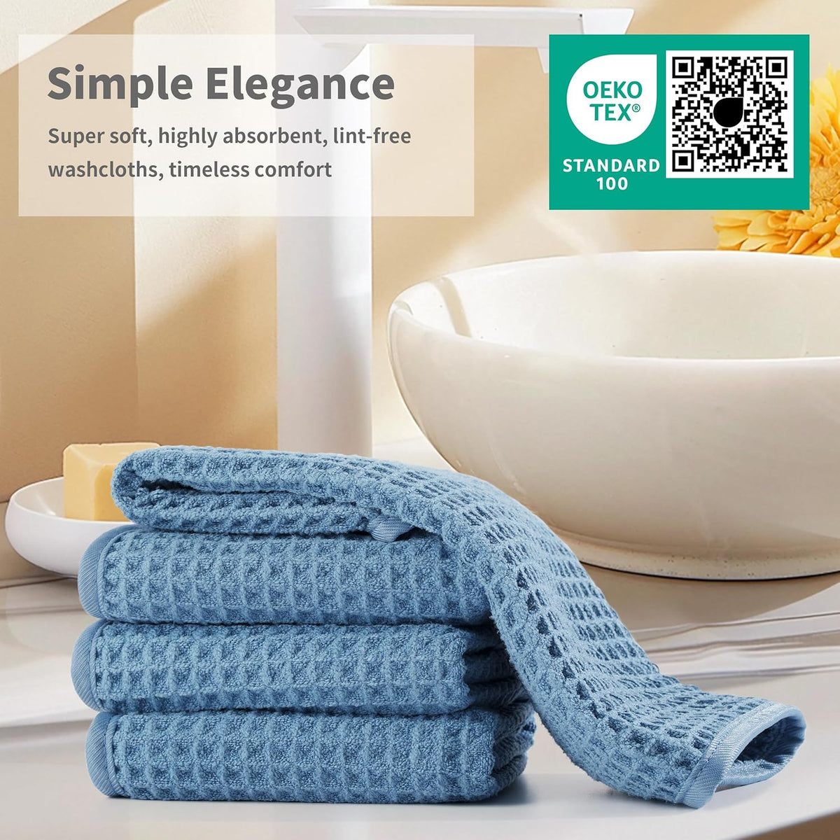 Microfiber Waffle Face Towels, 2 Pieces, Oversized, Soft, Absorbent, Fast Drying, Lint Free (Blue)