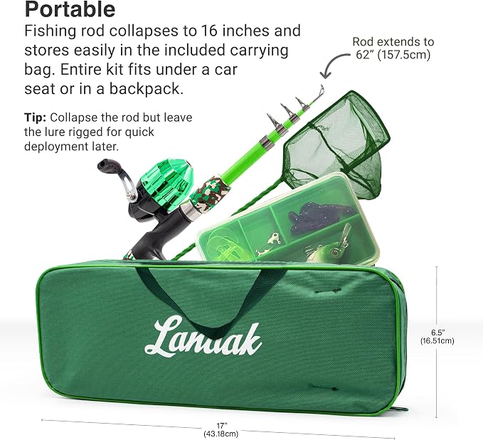 Lanaak Kids Fishing Pole, Kids Portable Telescopic Fishing Rod Set, Tackle Box and Fishing Net Combo Kit, Kids Fishing Gear for Boys and Girls Age 5-10 and Youth