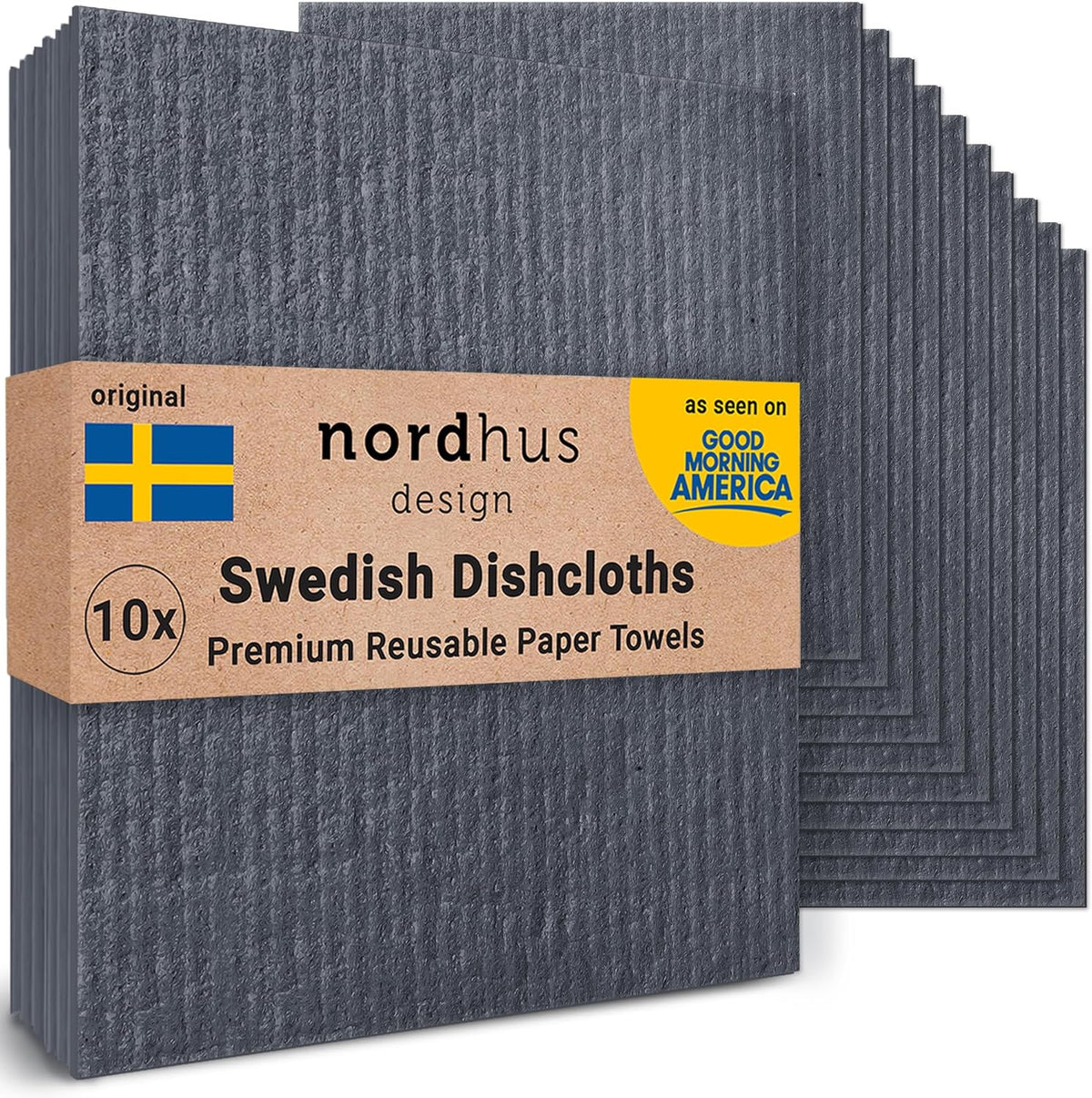 Nordhus Design Swedish Dishcloths, Black Charcoal/Dark Grey, 10-Pack, Reusable, Washable Cellulose Cotton Kitchen Cloths - Replace Paper Towels, Wipes, Sponges, Dish Rags