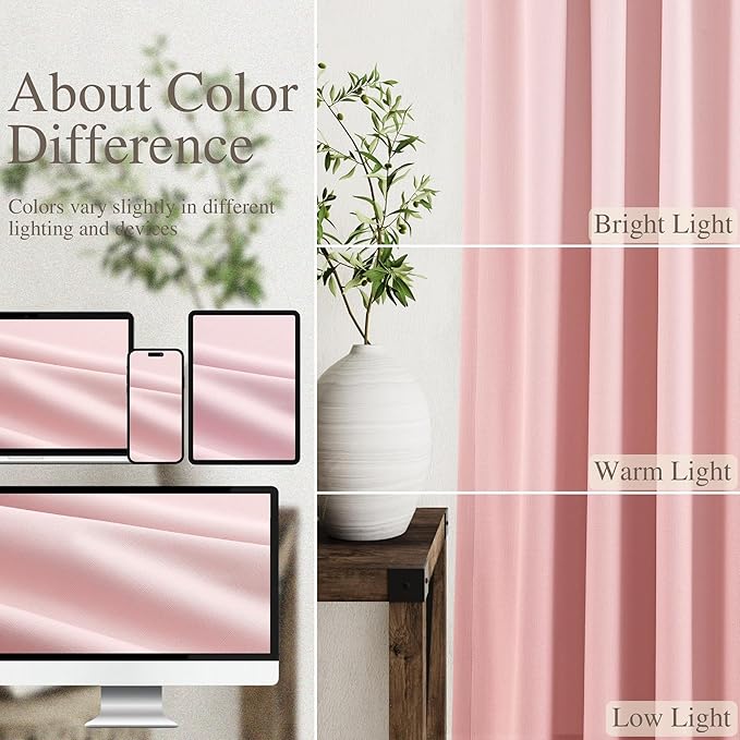 Nanspring Pink Linen Blackout Curtains 84 Inches for Bedroom Modern Farmhouse Living Room Draperies Cream Colored Thermal Insulated Full Shading Curtains for Sliding Door 52x84