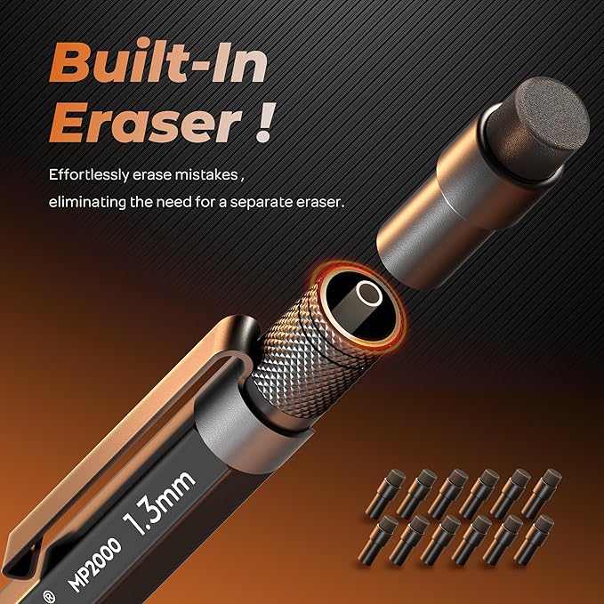 Nicpro 1.3mm Mechanical Pencil Set in Leather Bag with Lead Refill Black & Colors, Erasers- Weatherproof Metal Heavy Duty Carpenter Pencil & Spiral Notebook for Outdoor Drafting Marking Drawing