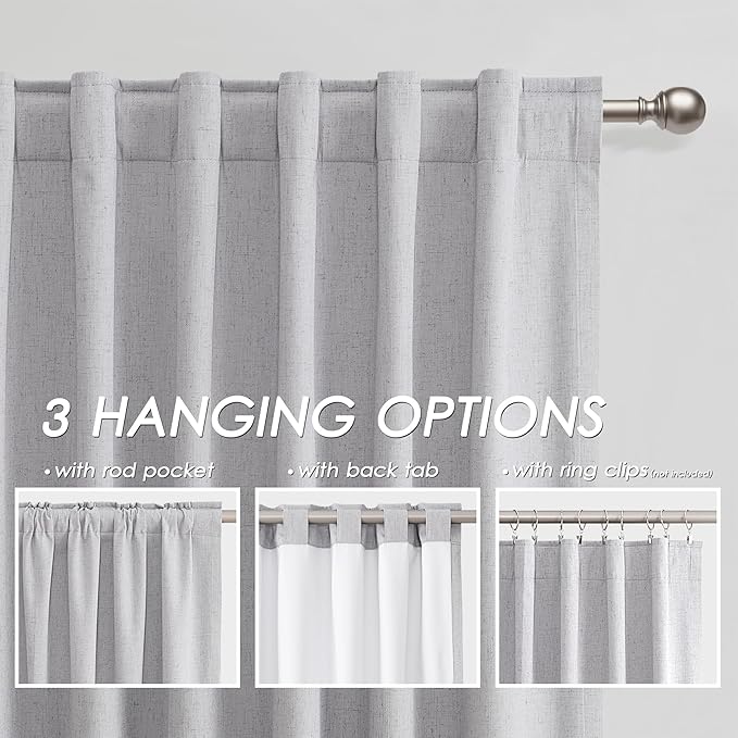 Nanspring Grey Linen Blackout Curtains 132 inch Length Back Tab Rod Pocket Drapes Thermal Insulated Textured Living Room 100% Blackout Curtains 2 Panels Set 52x132