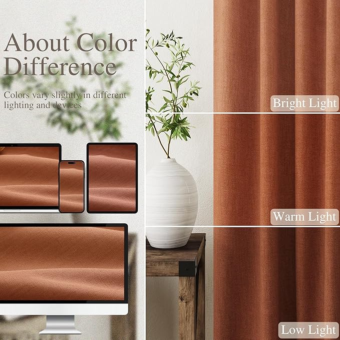 Nanspring Terracotta Linen 100% Blackout Curtains 63 inches Long Back Tab Rod Pocket Drapes Thermal Insulated Textured Short Black Out Curtains 2 Panels Set 52x63