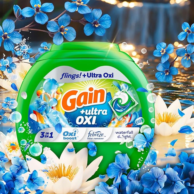 Gain flings Ultra Oxi Laundry Detergent Pacs, 112 Count, Waterfall Delight Scent, 3-in-1, HE Compatible
