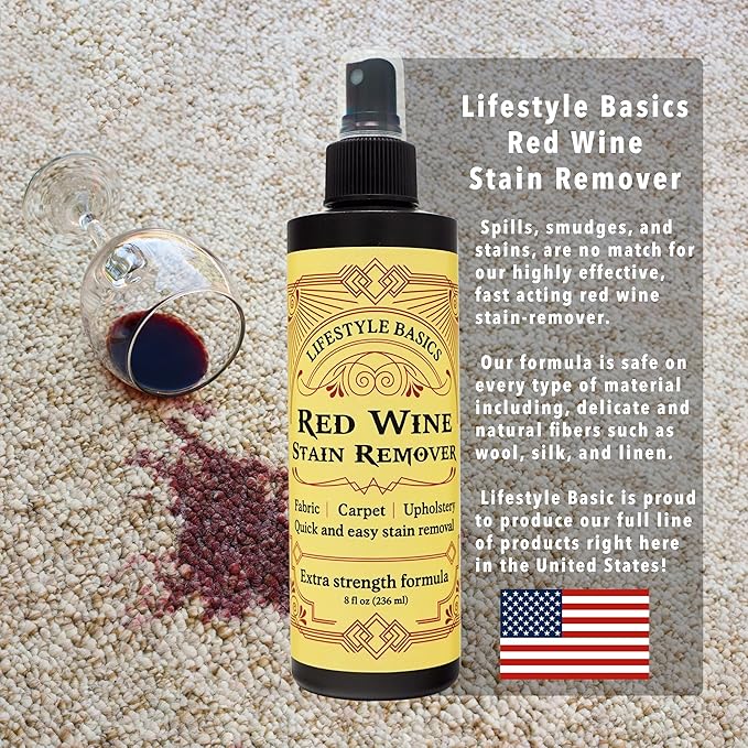 Red Wine Stain Remover Spray Cleaner 8oz | For Clothes, Carpet, Tablecloth, Fabric, Upholstery, Laundry | Fast, On-the-Go Wine Spot Treatment