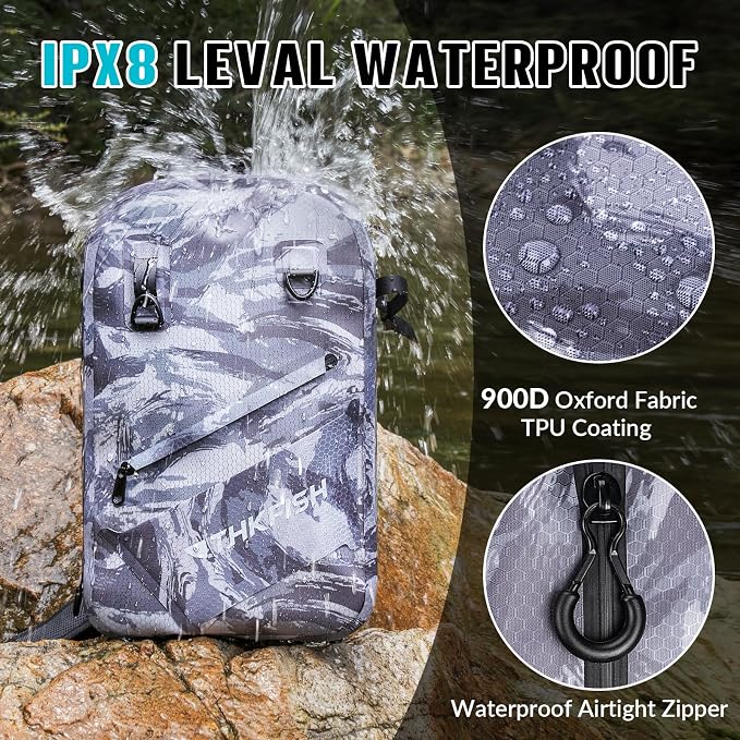 THKFISH IPX8 Waterproof Fishing Backpack with Rod Holder, Lightweight Fishing Sling Bag, Move Freely Fish Gifts for Men