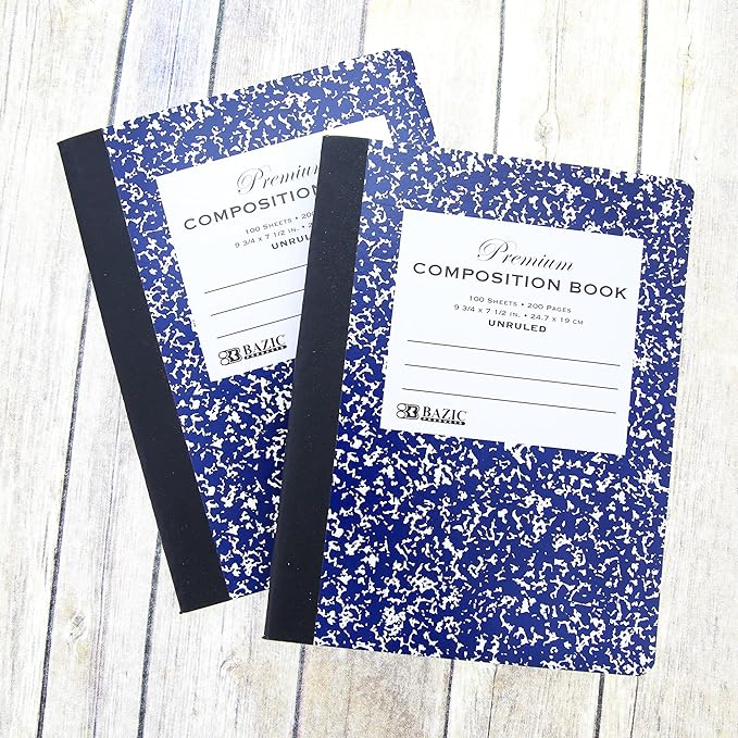 BAZIC Composition Book Blue Marble Unruled Ruled 100 Sheet Notebook, Blank Page Journal Comp Notebooks for School, 6-Pack