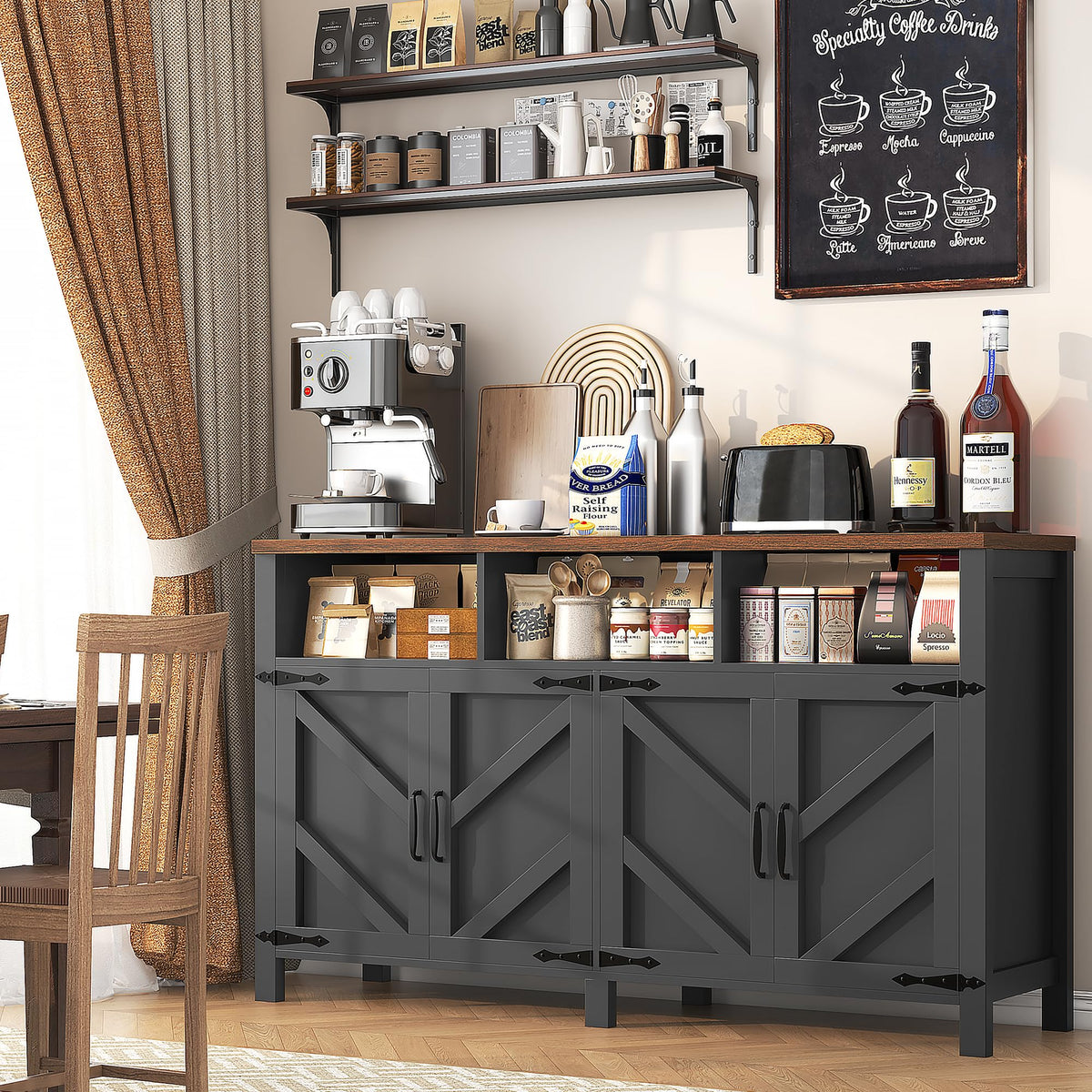 knoworld Buffet Sideboard with Storage Farmhouse with 4 Doors, 55'' Large Kitchen Storage Cabinet Wood Coffee Bar Cabinet Buffet Table with Shelves for Kitchen, Dining Room, Entryway (Black, 55 in)