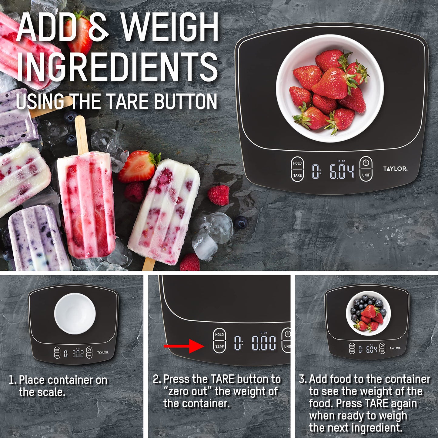 Taylor Waterproof Digital Kitchen Scale, 11 pounds, Black