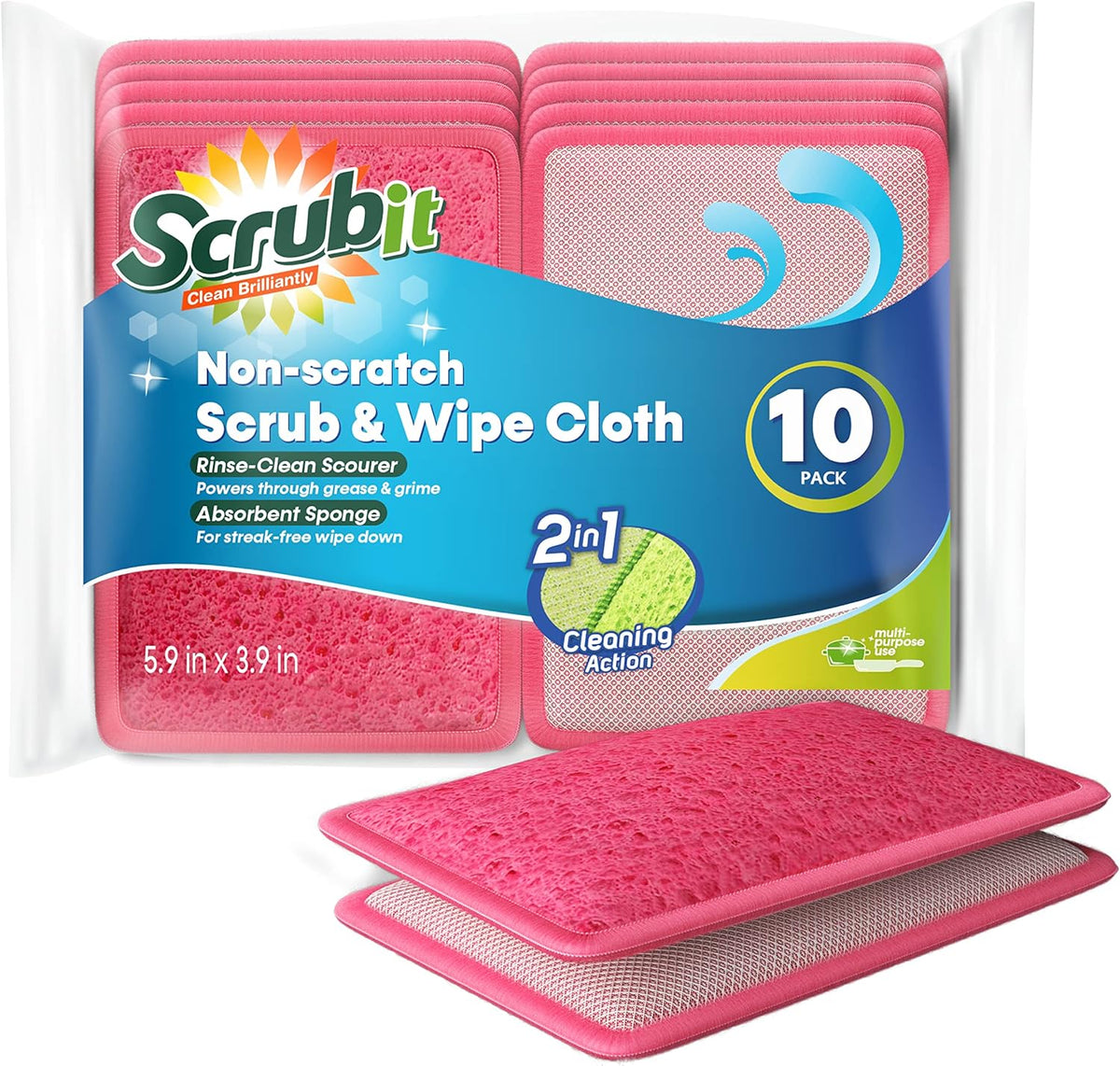 Scrub and Wipe Scrubbing Pads [10 Pack] – SCRUBIT Dual Sided Scouring Pad and Sponge - Reusable Kitchen Scrubbing Sponges for Dishes, Pots, Pans Utensils & Non-Stick Cookware (Pink)
