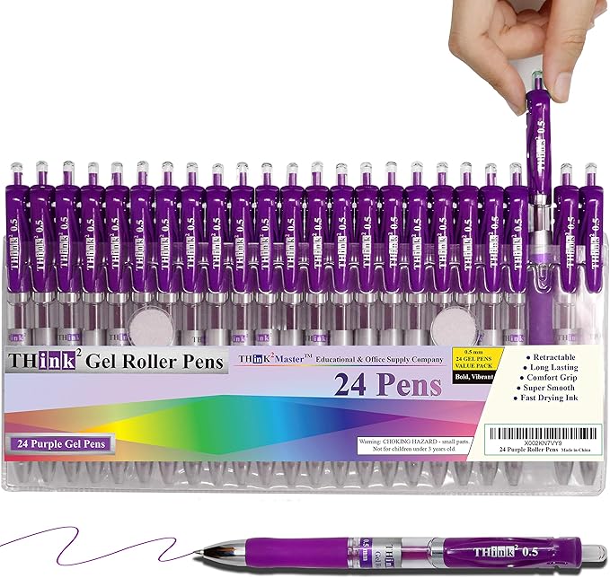 THINK2MASTER [24 Pens - Purple Ink] Think2 Retractable Gel Pens. (24 Purple) Fine Point (0.5mm) Rollerball Pens with Comfort Grip.