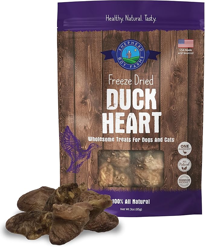 Shepherd Boy Farms Freeze Dried Dog and Cat Treats, Duck Heart, All Natural Freeze-Dried Dog Treat & Snack, Made in USA, High in Protein, Essential Nutrition of Raw Food, Single Ingredient 3oz