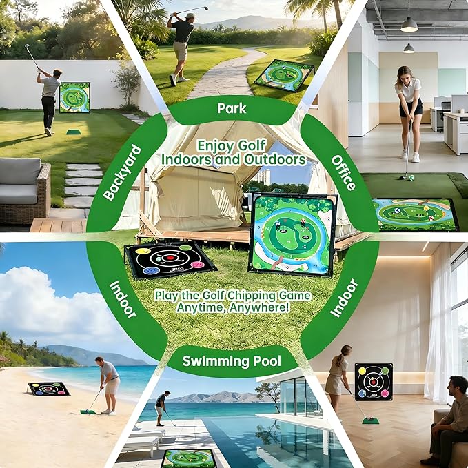 Golf Chipping Game Set Double-Sided, (2 Pack) Golf Practice Target Mat with 30 Sticky Balls & 2 Golf Clubs- Portable Indoor-Outdoor Chipping Golf Gift for Men, Women & Family