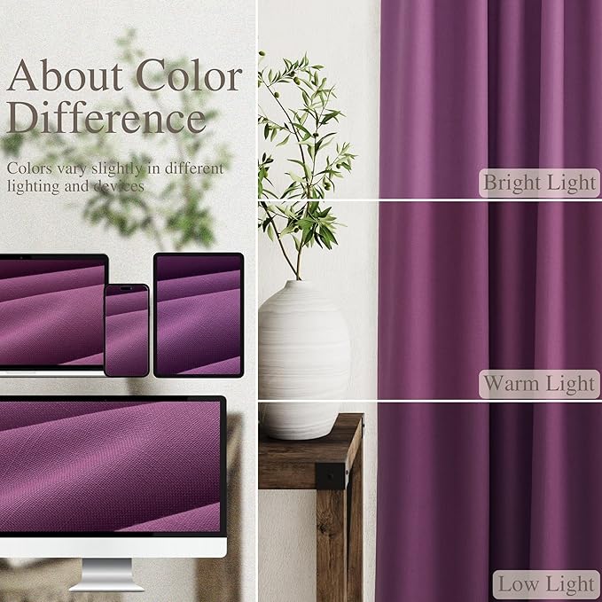 Blackout Purple Linen Curtains 96 Inches Long Back Tab Heat Reflective Full Light Block Out Curtains 2 Panels for Bedroom Windows Textured Draperies with Liner Floor to Ceiling Length 8 Ft 52x96