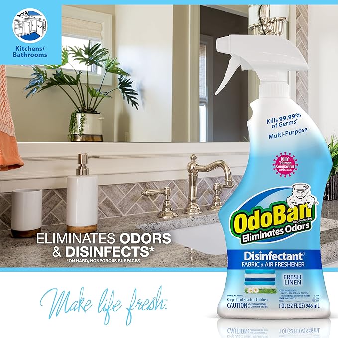 OdoBan Ready-to-Use Disinfectant and Odor Eliminator, Set of 3 Spray Bottles, 32 Ounces Each, Fresh Linen Scent
