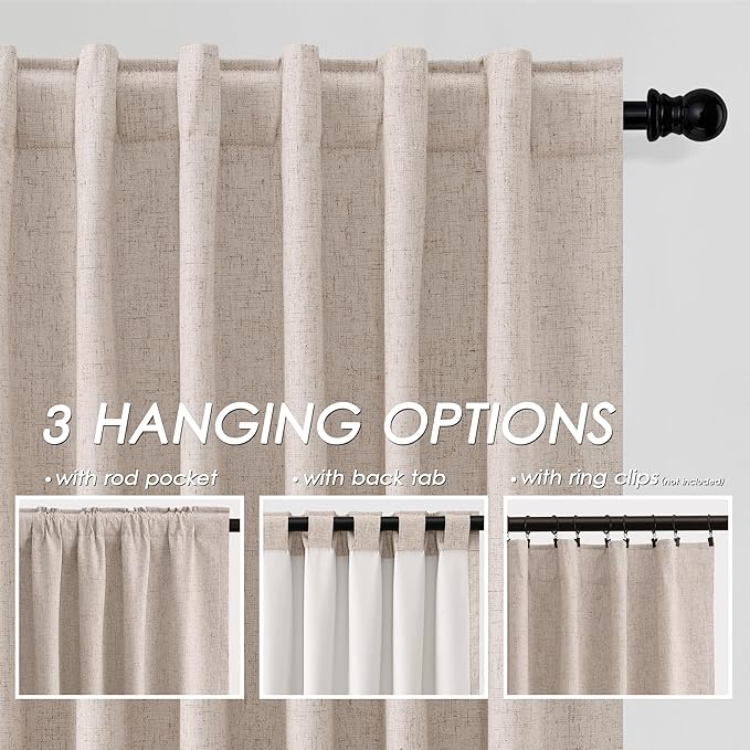 100% Blackout Linen Curtains 84 Inch Length 2 Panels Oatmeal Light Blocking Darkening Living Room Curtains 84 Inches Long Elegant Modern Back Tab Pocket Noise Reducing Drapes for Nursery 52X84