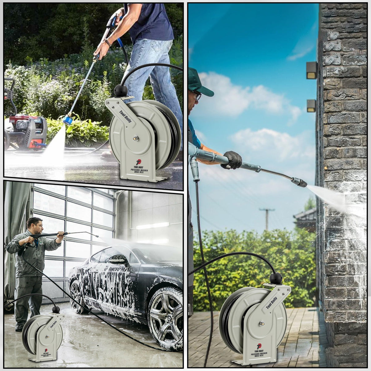 Tool Daily Retractable Pressure Washer Hose Reel 60 FT x 1/4”, Heavy Duty Power Washer Hose Reel 3600 PSI, Auto-Rewinding, Wall/Floor Mounted