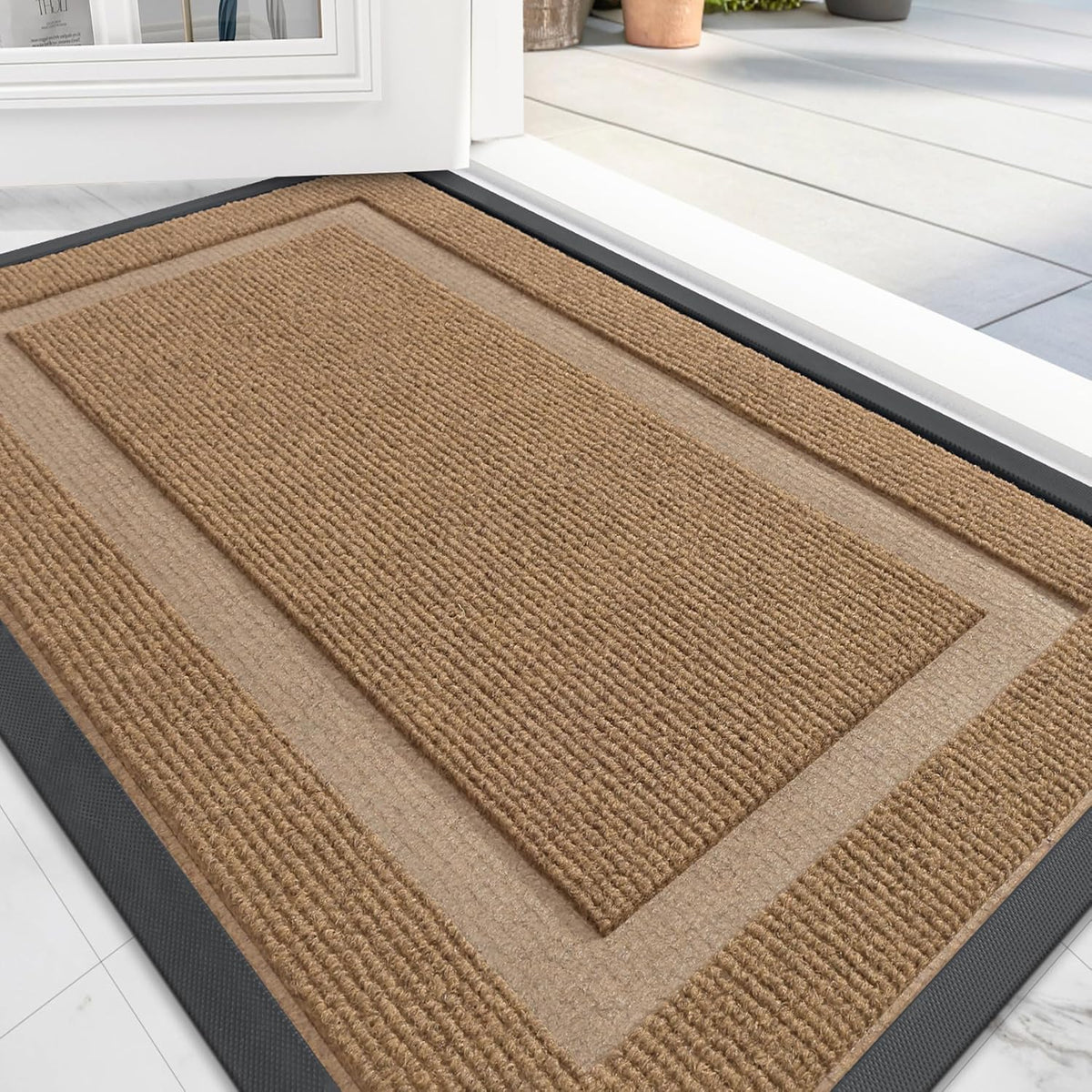 OLANLY Front Door Mat Indoor Outdoor Entrance, Waterproof All-Season, All-Weather Doormat, Sturdy Natural Rubber, Fade Resistant, Low Profile, Easy Clean Patio Porch Entryway Mat, 71x47, Light Brown