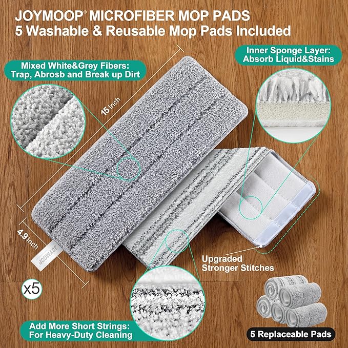 JOYMOOP Mop and Bucket Set - Mops for Floor Cleaning & Wall Cleaner with Long Handle, Include 5 Microfiber Mop Pads - Green Bucket (X-Large)