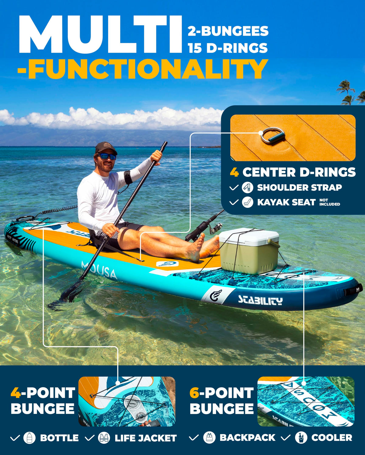 MOUSA 10‘8/11'×35" Extra Wide Inflatable Stand Up Paddle Board, Stable Paddleboard SUP for 2 People/Family, Anti-Slip Full EVA Deck, 3 Handles, 100L Backpack, All-Round Sup Board, Big Fin