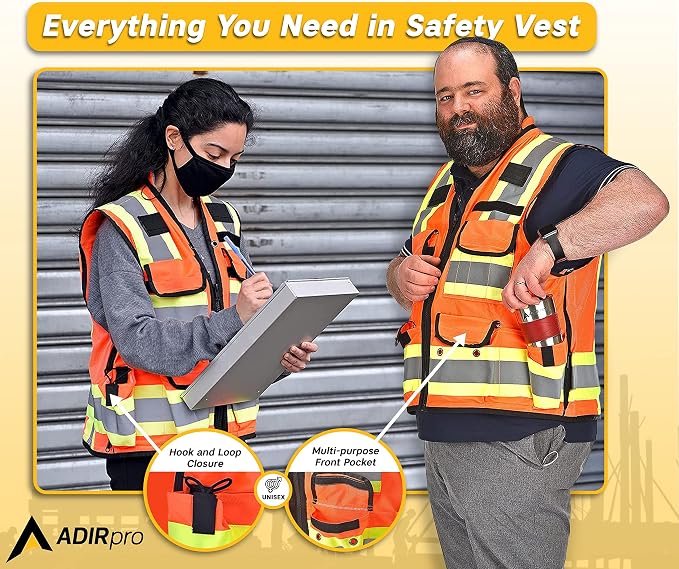 AdirPro Surveyor Safety Vest with Pockets - High visibility Reflective Construction Vest