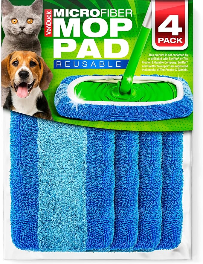 VanDuck Reusable Pet Heavy Duty Mop Pads Compatible with Swiffer Sweeper (4-Pack) - Washable Microfiber Mop Pads for Wet & Dry Use - All Purpose Floor Mopping and Cleaning Product