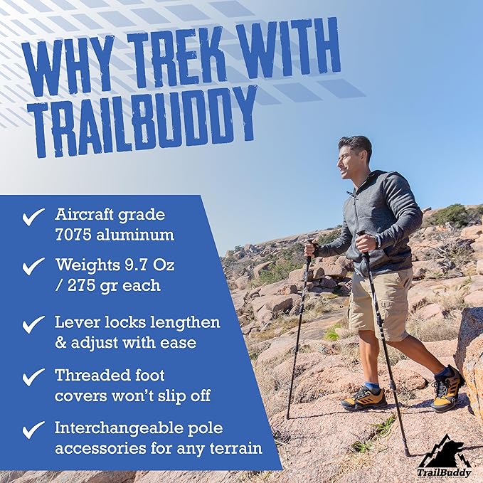TrailBuddy Trekking Poles – Lightweight 7075 Aluminum Hiking Poles for Women, Men & Seniors – Collapsible Walking Sticks for Travel, Trails & Balance