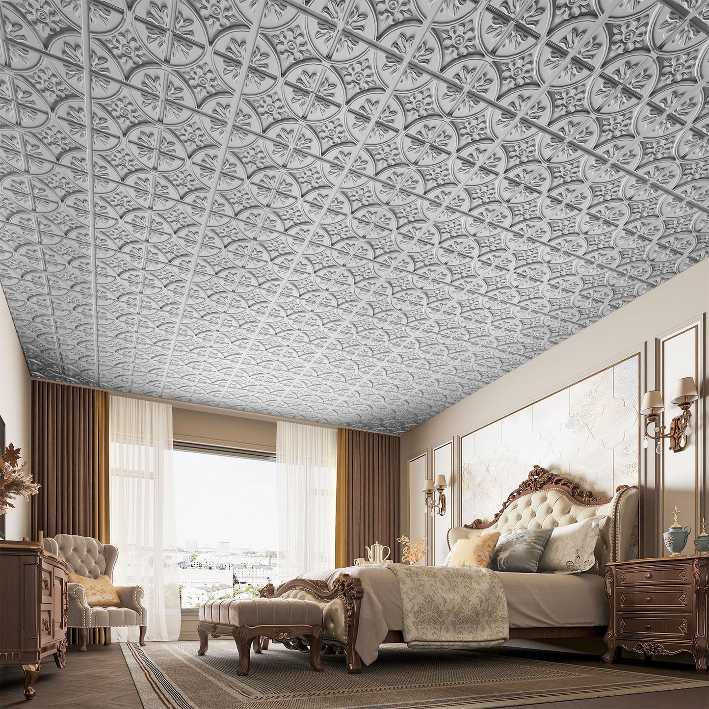 Art3d Drop Ceiling Tiles 2x2, Glue-up Ceiling Panel, Fancy Classic Style, Argent Silver