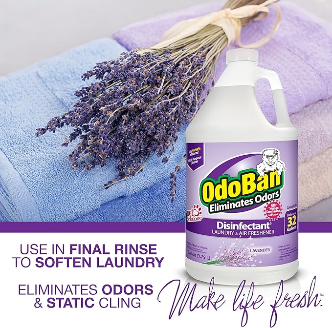 OdoBan Ready-to-Use Disinfectant and Harsh Aroma Eliminator, Set of 2, 14.6 Ounce 360-Degree Continuous Spray Fabric/Air Freshener and 1 Gallon Multi-Purpose Cleaning Concentrate, Lavender Scent