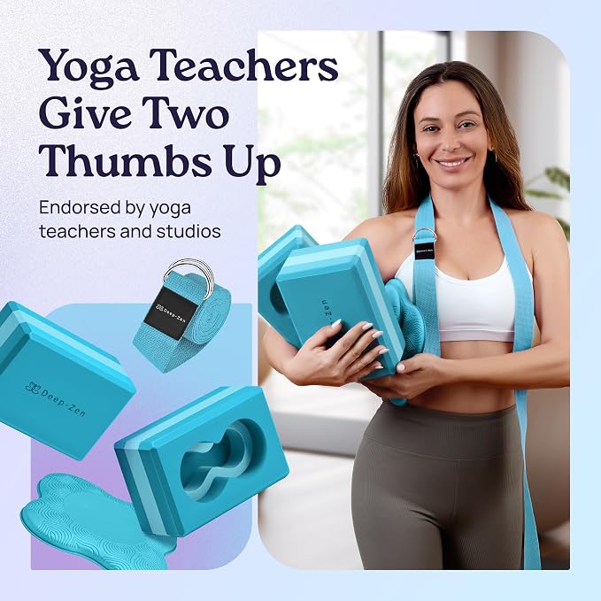Deep-Zen® Yoga Blocks Wrist Support; Yoga Blocks 2 Pack with Knee Pads and Strap to Put Less Weight on Wrists; Durable, Versatile Yoga Brick Exercise Block Set, Blocks Yoga