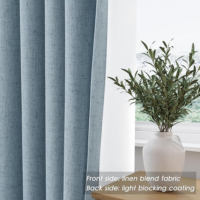 Nanspring Blue Linen 100% Blackout Curtains 95 inch Length Back Tab Rod Pocket Drapes Thermal Insulated Textured Living Room Black Out Curtains 2 Panels Set 52x95