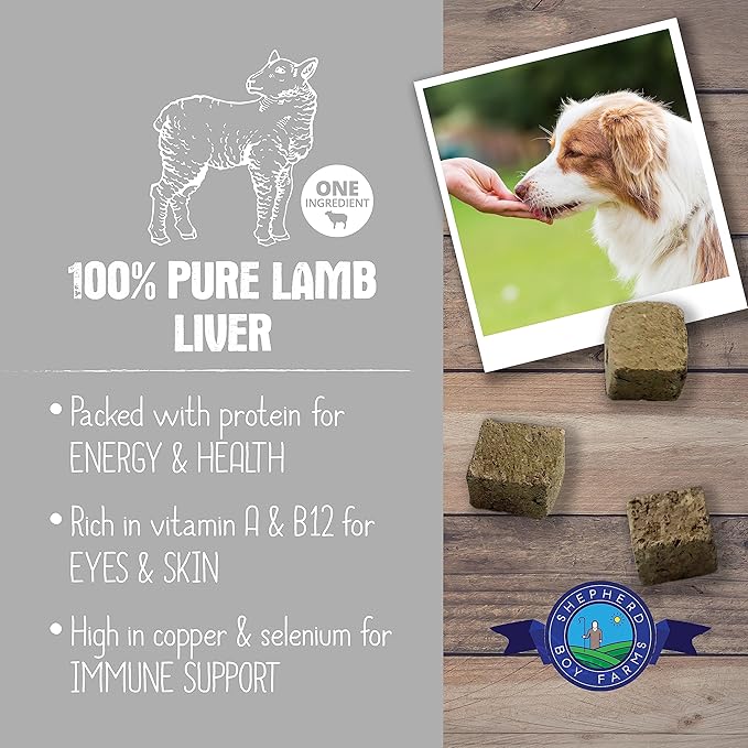 Shepherd Boy Farms Freeze Dried Dog and Cat Treats, Lamb Liver, All Natural Single Ingredient Freeze-Dried Dog Treat & Snacks, Made in USA, High Protein, Essential Nutrition of Raw Food, 8oz