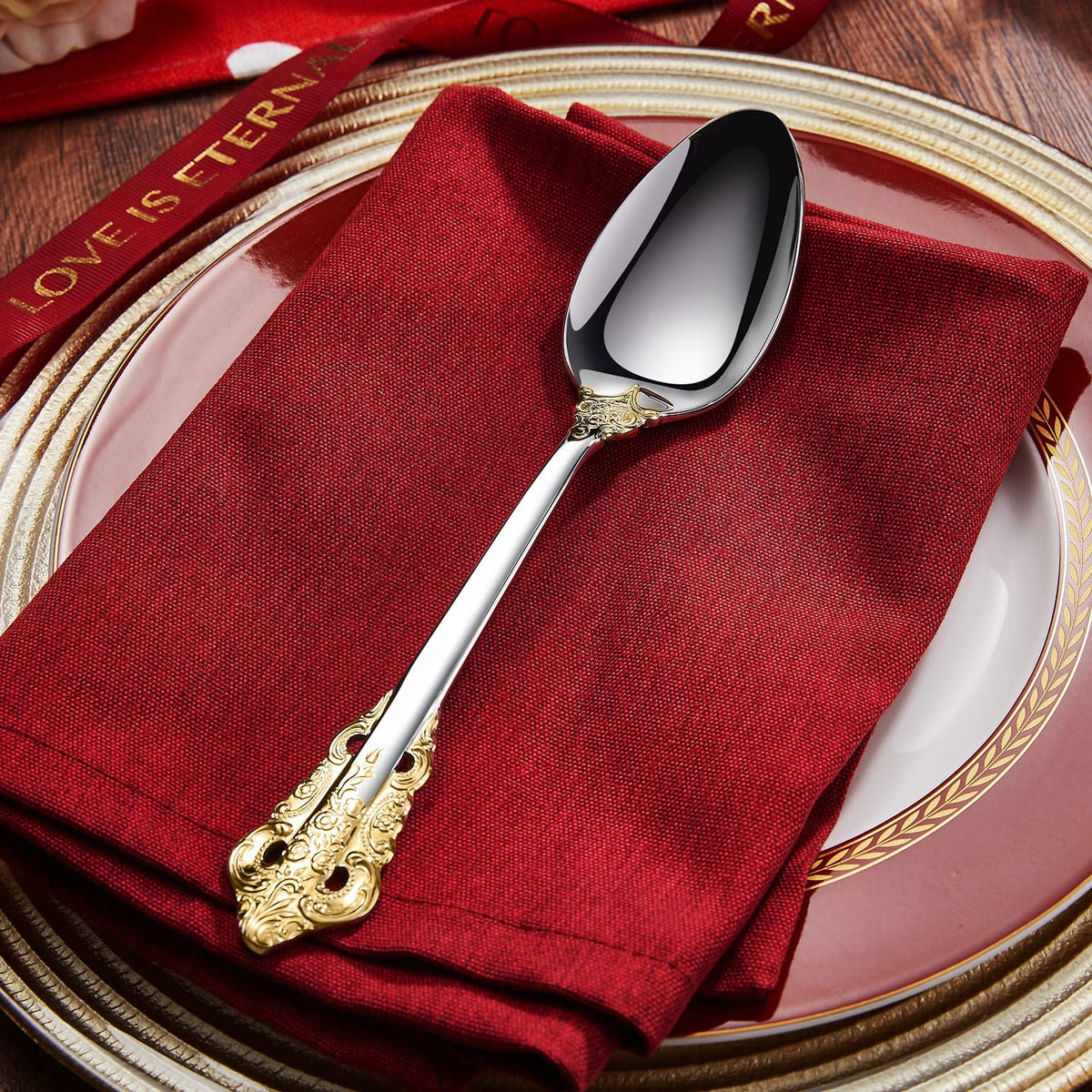 KEAWELL 2-Piece Gorgeous Large Serving Spoon, 18/10 Stainless Steel, Fine Large Serving Spoon, Sturdy Tablespoon, Dishwasher Safe, 9.4" (Gold Accent)
