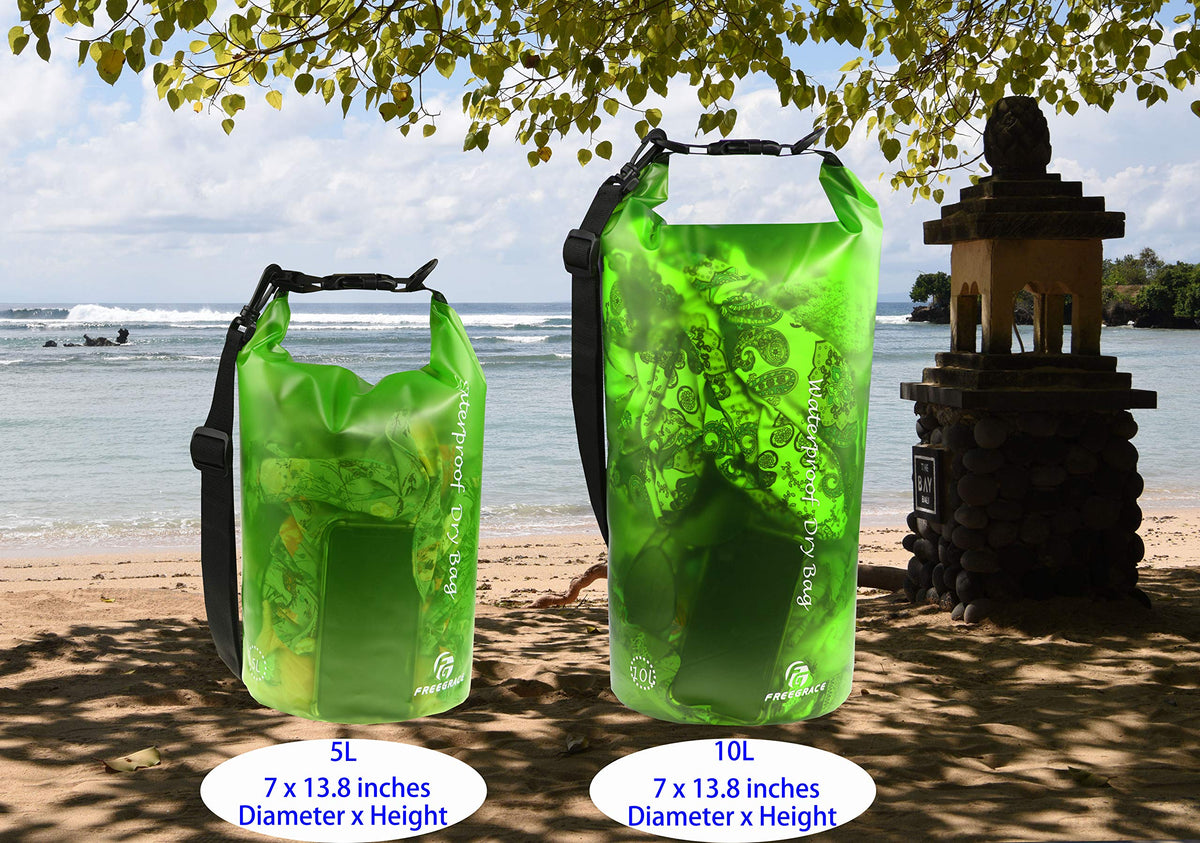 Waterproof Dry Bag - Transparent Lightweight Dry Sack with Strap, Seals and Waterproof Case - Float on Water - Keeps Gear Dry for Kayaking, Beach, Rafting, Boating, Hiking, Camping (Green) 5L