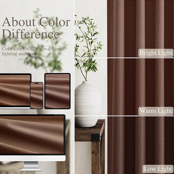 Full Black Out Rustic Brown Window Curtains 96 Inches Long Back Tab Rod Pocket Sound Absorbing Light Blocking 2 Panels Set for Dining Room Neutral Rustic Modern Farmhouse Curtains Drapes 52x96