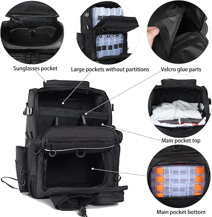 Fishing Tackle Backpack With Rod Holders, Large 40L Fishing Backpack for Camping, Hiking