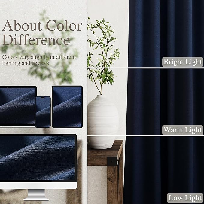 Navy Blue Linen Blackout Curtains 144 inch Length Back Tab Rod Pocket Thermal Insulated Textured Living Room Blackout Curtains 2 Panels Set 52x144