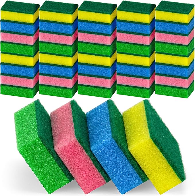 DecorRack 150 Count Non-Scratch Cleaning Scrub Sponges, Dual-Sided Heavy Duty Kitchen Sponges for Dishes, Cleaning Household, Bathroom, Car Wash - Multicolor (Pack of 150)
