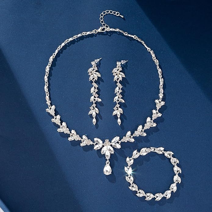 Wedding Jewelry Sets for Bride Bridesmaid Bridal Jewelry Set for Women Wedding Crystal Necklace Earrings Bracelet Set for Party Prom Jewelry