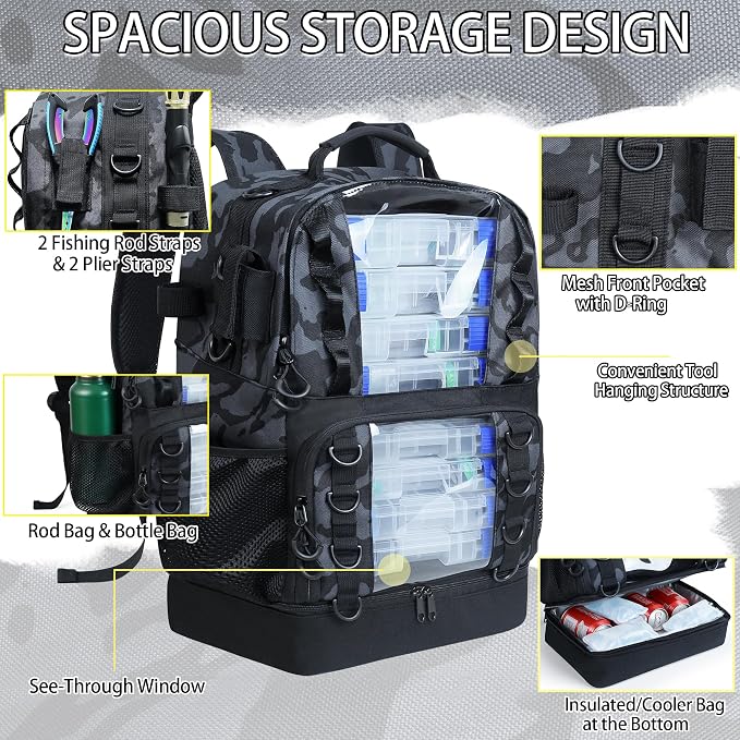 Fishing Tackle Backpack with Cooler,45L Large Tackle Bag with 2 Rod Holders & Clear Window,Outdoor Fishing Backpack for Fishing,Camping,Hiking,Camouflage Black