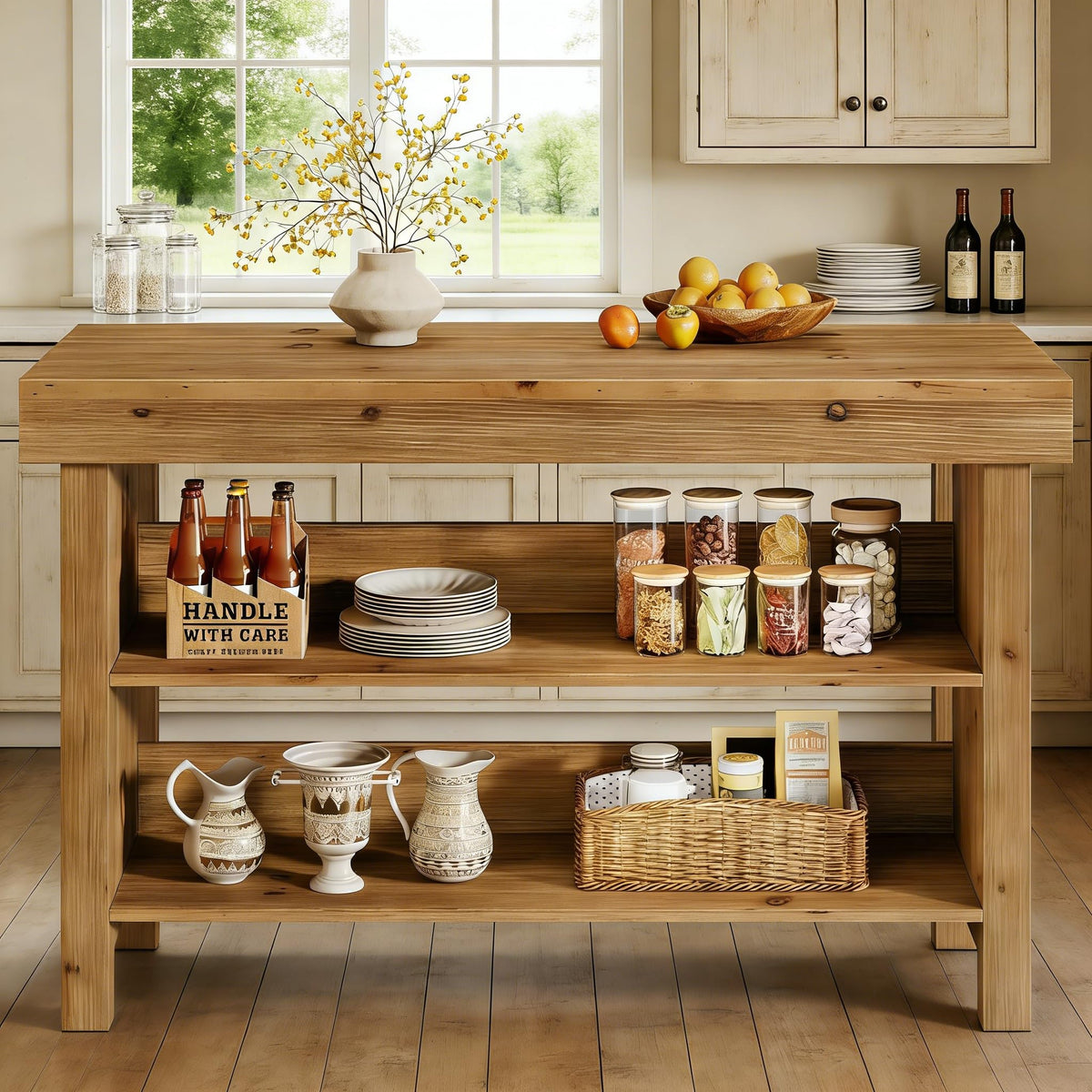 TRIBEWOOD 55" Solid Wood Kitchen Island with Storage, Farmhouse Kitchen Island Table with 3-Tier Open Shelves and Large Countertop for Kitchen, Dining & Living Room, Natural Oak