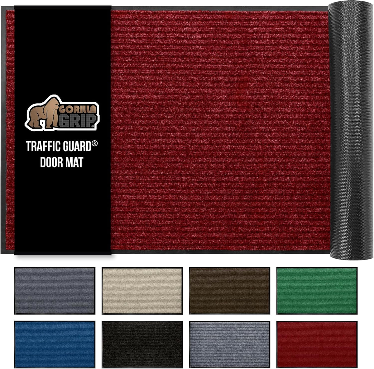 GORILLA GRIP Traffic Guard Door Mat, Heavy Duty Welcome Mats, Commercial Office Space Doormat, Waterproof, Fade Resistant, Strong Rubber Backing, Low Profile, Shoe and Boot Scraper, 35x23, Red