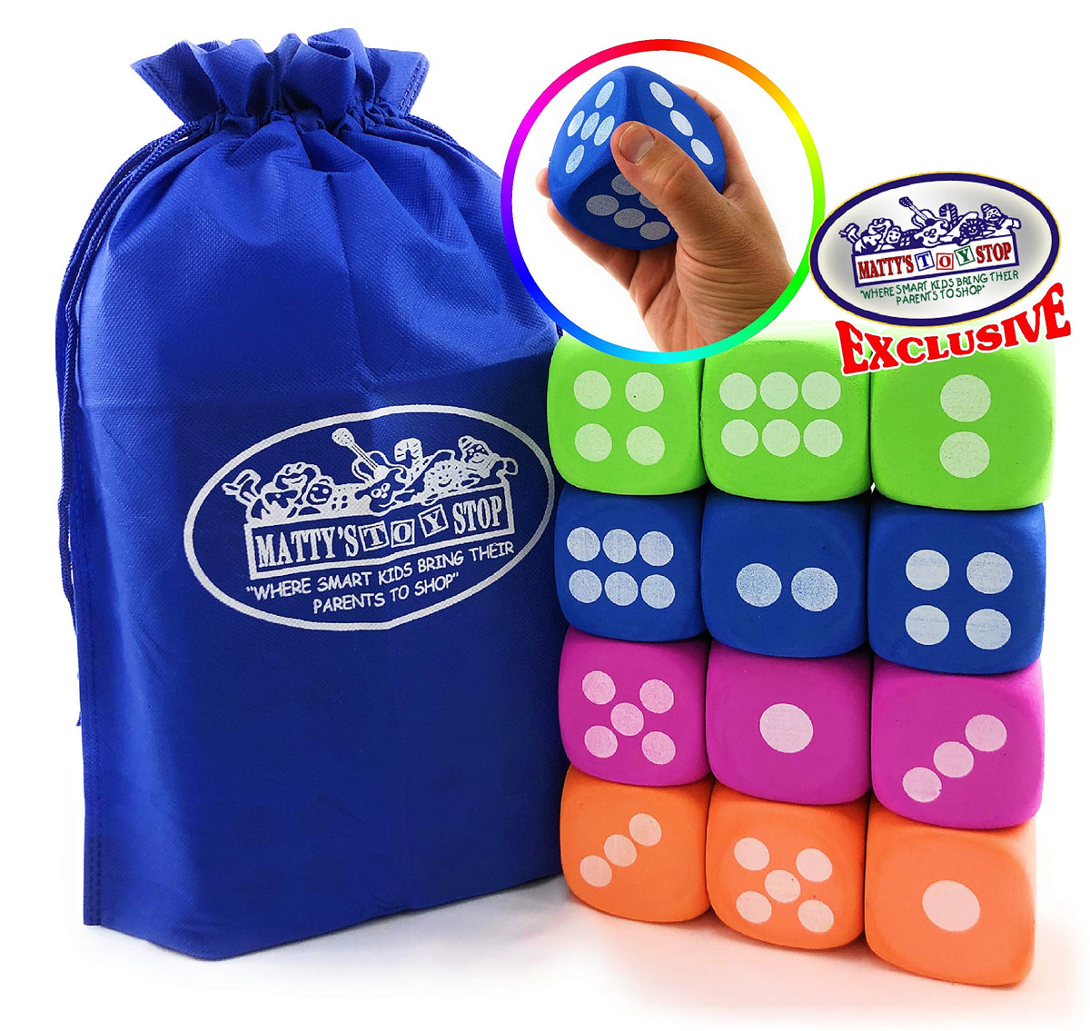 Deluxe Large 2.25" EVA Foam Dice (Pack of 12) with Bonus Matty's Toy Stop Storage Bag
