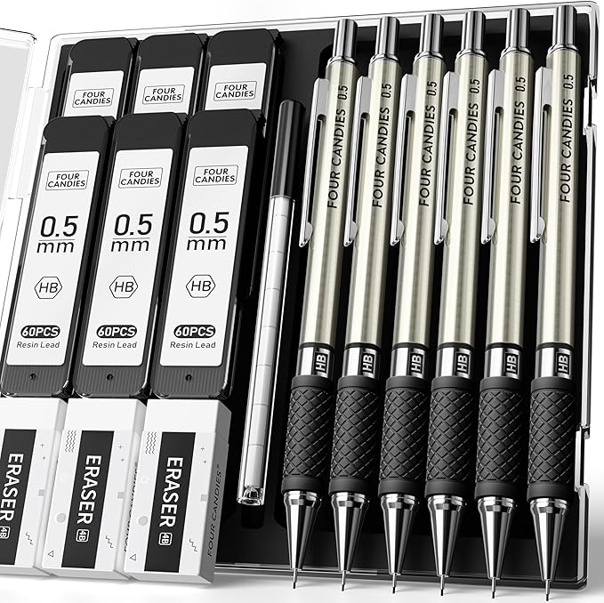 Four Candies Metal Mechanical Pencil Set - 6PCS 0.5mm Art Mechanical Pencils & 360PCS HB Lead Refills & 3PCS Erasers & 9PCS Eraser Refills, Drawing Mechanical Pencils for Writing, Sketching-With Case