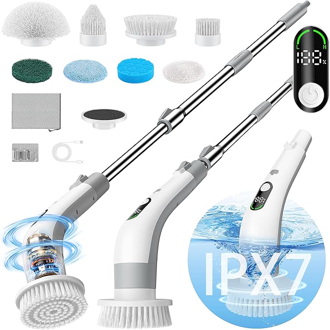 Electric Spin Scrubber with LED Display, IPX7 Waterproof Powerful Shower Scrubber, 2H Runtime, 2 Speeds, Adjustable Handle, 8 Brush Heads, Cleaning Brushes for Household Use Bathtub Tile Car