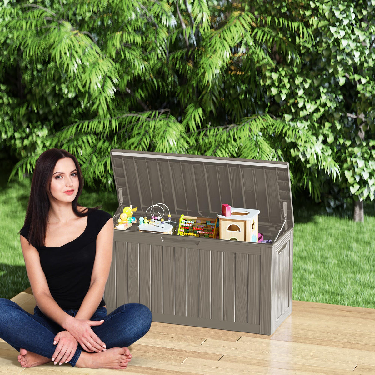Decksplore 80 Gallon Lockable Resin Deck Box, Waterproof Outdoor Storage Box for Patio Furniture, Garden Tools, Pool Accessories, UV-Resistant Outside Delivery Box, Grey